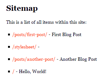 Basic sitemap - an unfiltered nanoc item list